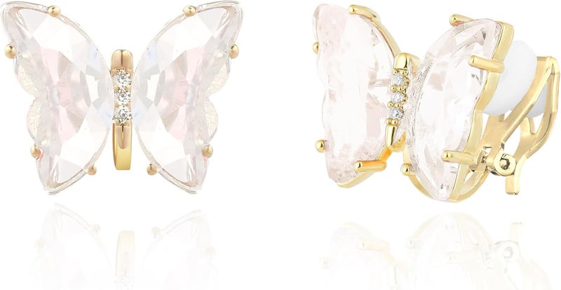 YOQUCOL Butterfly Shape Crystal Clip On Earrings Non Pierced Golden Stud for Women - Image 1